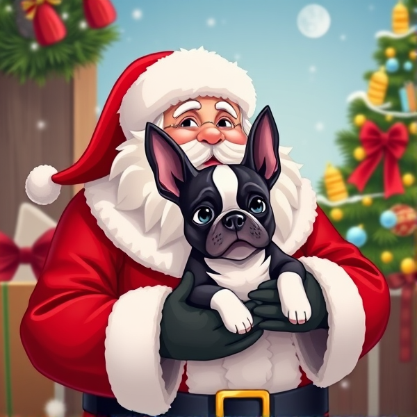 Cartoon Santa holding a Boston terrier puppy with a Christmas background scene