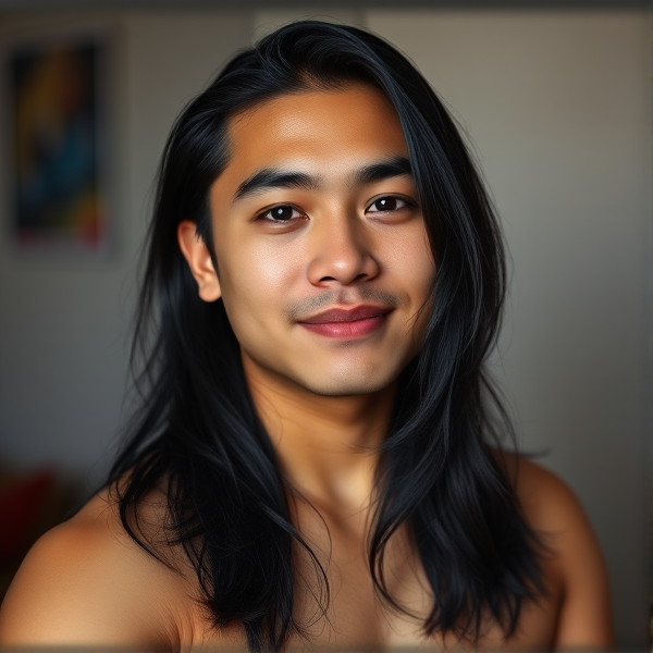 Filipino gay man, long black hair, slightly chubby, age 20,  no facial hair