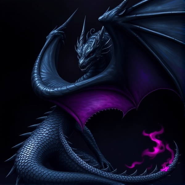 A black dragon, with silver scales on the bottom of their wings, a purple colour fading from their back to their tail, and magenta fire