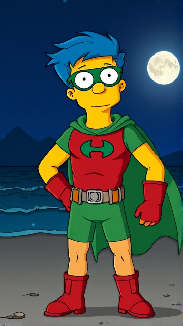 Milhouse Van Houten from The Simpsons, with his yellow skin, really big round nose, and blue hair that's slicked back and curled up at the top, but as an 18-year old teenager, dressed as a parody of Robin, The Boy Wonder, with an extremely muscular torso and arms, a green bodysuit with a red torso adorned with a green H symbol on his chest, a grey utility belt, red boots, red long-cuffed gloves, a big green cape, and a green eye mask with optical lenses in it, now known as Houseboy, The Nerd Wonder, the other half of Springfield's Dynamic Duo, and one of the greatest vigilante superheroes ever known in Springfield. He is currently standing on the beach at night, taking a break from his heroic duties to reflect on his growth and transformation into the vigilante he has become.