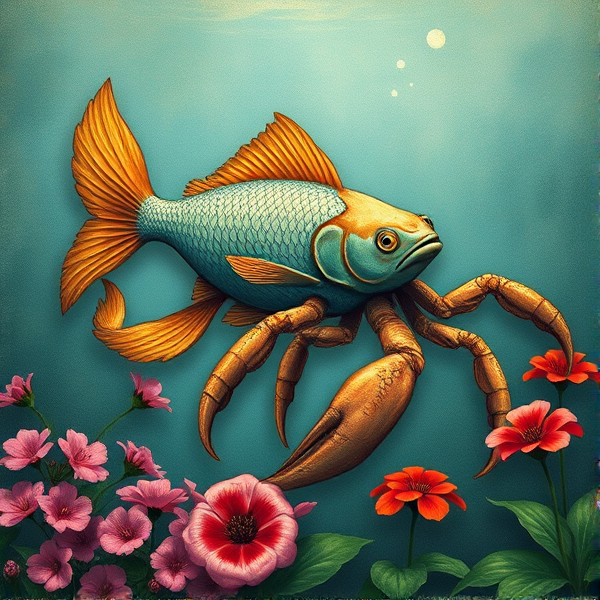A Pisces fish, swimming with a scorpio scorpion that has six legs. Surrounded by geraniums and lillies.