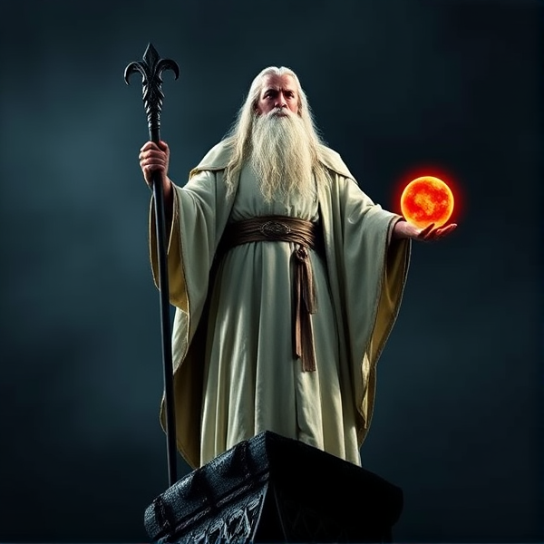 Make a photo of Saruman from lord of the rings. He is tall, old, and has a long white beard and long white hair, and wears a long white robe with a silver belt. In one hand he holds a black staff and in the other he held a glowing red crystal ball. He stands on the pinnacle of a tall, black tower.