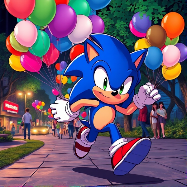 Sonic the Hedgehog captured mid-stride in a dynamic running pose, gripping a vivid collection of assorted balloons 450 each measuring 16 inches, amid a bustling park filled with activity and greenery, all illustrated in a richly saturated anime art style