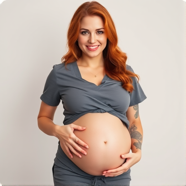 A radiant 30-year-old woman with auburn hair, adorned in stylish form-fitting scrubs that accentuate her large pregnant belly, showcasing tasteful tattoos and a belly button ring, complemented by a confident pose that highlights her pregnancy and femininity