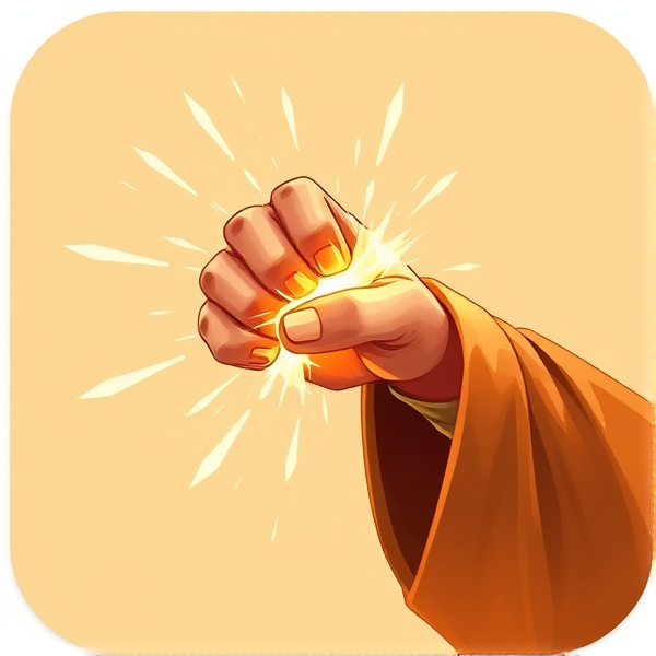 Create an RPG icon that represents a monk's stunning fist attack, showcasing a stylized human hand in a martial arts striking pose, emitting waves of force or energy to suggest a stunning impact. The background should be minimalist to highlight the action, possibly with an oriental aesthetic, using warm colors like gold or orange to convey the power and precision of the technique