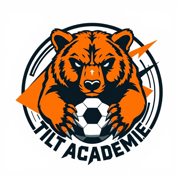Conception d'un logo rond et percutant pour 'Tilt Académie', école de football. Au coeur du design, un ourson grizzly dessiné avec une précision extrême et un sens artistique raffiné, incarnant la puissance et la ténacité. Il est entouré par des éléments graphiques abstraits qui évoquent dynamisme et passion pour le football : des lignes fluides et rapides ainsi que des formes géométriques vibrantes et énergiques. La palette de couleurs est dominée par un orange vif et un noir intense, offrant un contraste frappant. Le design doit se démarquer en capturant l'essence du jeu compétitif avec l'ourson prêt à se lancer dans l'action. Il est focus mais pas méchante.Le nom 'Tilt Académie' s'intègre harmonieusement autour de l'élément central dans une police moderne et saisissante. Un ballon de football est intelligemment incorporé au logo afin d'en souligner l'appartenance au monde du football. L'esthétique générale doit allier tradition sportive à une touche innovante, rendant le logo idéal comme emblème d'un club sportif.Plus orange que de noire