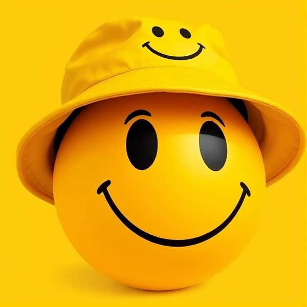 A yellow smiley face wearing a yellow bucket hat with a smiley face on it and black shades in a yellow background