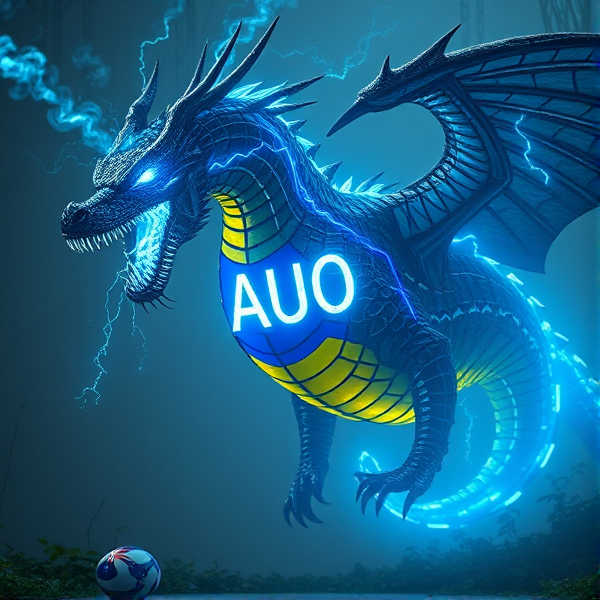 An intricately designed, streamlined dragon bearing the vivid acronym "AUO" on its chest in a radiant, blue electric luminous font that casts an electric glow, emanating waves of intense energy. The dragon's scales are a masterpiece of detailed circuit patterns that shimmer with a lifelike electrical pulse. From its nostrils, ethereal streams of digital smoke curl upwards, timed with the deep, resonant roars that showcase its electrified sharp fangs. As a respectful nod to tribute and unity, incorporate elements of the Ukrainian flag within the composition. This majestic creature resides in a desolate post-apocalyptic landscape that accentuates its powerful presence. In the background is the Ukrainian flag, a rectangle, with the top half blue and the bottom half yellow..there is a small Australian football in the bottom corner of the image.