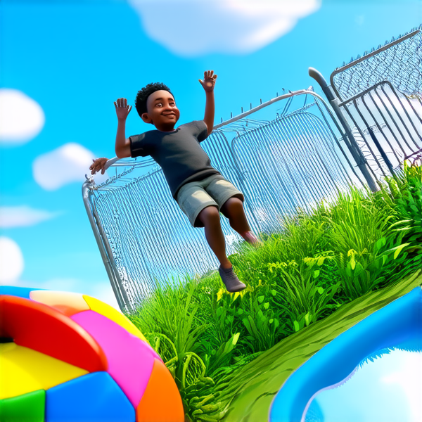 cour de récréation animée avec des enfants noirs jouant, un ballon coloré, des cordes à sauter et un toboggan, sous un ciel bleu avec quelques nuages, entourée par une clôture en métal et de la végétation verdoyante