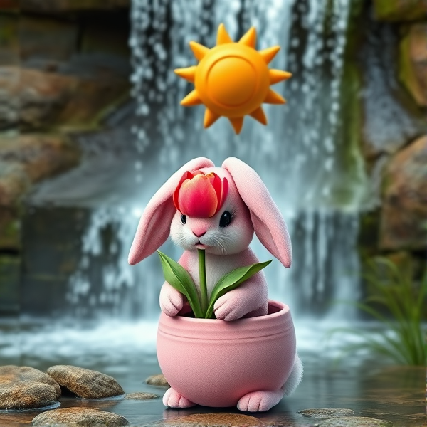 A cute mini pink hare with sagging  ears and A Sun shaped hat holding a tulip in a round Jupiter looking pot in front of a water fall in realism