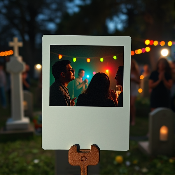 Polaroid of a party in a graveyard