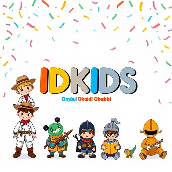 #### En-tête
- Au centre : 
  - Écris en gros et en gras le nom de la marque : 
    - IDKIDS Oxybul Okaidi Obaibi
  - Choisis une police ludique et colorée pour attirer l'attention.

---

#### Thèmes avec des enfants déguisés
- Place les illustrations d’enfants déguisés autour du nom de la marque, chaque thème en dessous de l’autre :

1. Thème Far West : 
   - Un enfant en cowboy avec un chapeau de cowboy, des bottes, un bandana.

2. Thème Science : 
   - Un enfant en scientifique avec une blouse blanche, des lunettes de protection et des éprouvettes.

3. Thème Police Scientifique : 
   - Un enfant déguisé en policier avec une casquette et une loupe, prêt à enquêter.

4. Thème Monstre : 
   - Un enfant en costume de monstre coloré, avec des griffes et des cornes.

5. Thème Cuisine Moléculaire : 
   - Un enfant en chef cuisinier avec un tablier et des ustensiles de cuisine, des bulles et des effets chimiques autour.

6. Thème Chevalier : 
   - Un enfant en armure de chevalier avec une épée et un bouclier.

7. Thème Dinosaure : 
   - Un enfant déguisé en dinosaure avec une combinaison de T-Rex ou de tricératops.

8. Thème Enquête Policière dans les Mondes Sous-Marins : 
   - Un enfant en plongeur avec un masque et un tuba, entouré de poissons et de coraux.

9. Thème Lecture : 
   - Un enfant assis avec un livre ouvert, entouré de livres et de bulles de dialogue.

---

#### Décorations
- Ajoute des éléments festifs :
  - Confettis en arrière
