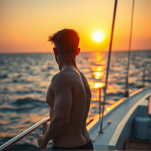 Generate of a slim boy looking at sunset on yacht body is blacked by sun
