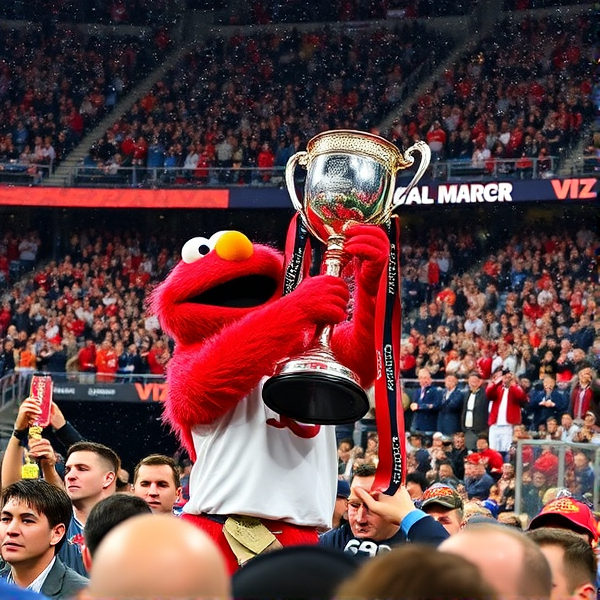 Elmo with the premier trophy in front of massive crowd