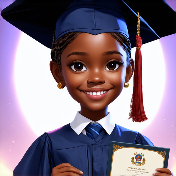 jeune fille noire de huit ans avec des tresses africaines traditionnelles, habillée élégamment pour une cérémonie de remise de diplôme, tenant son certificat, souriante et fière