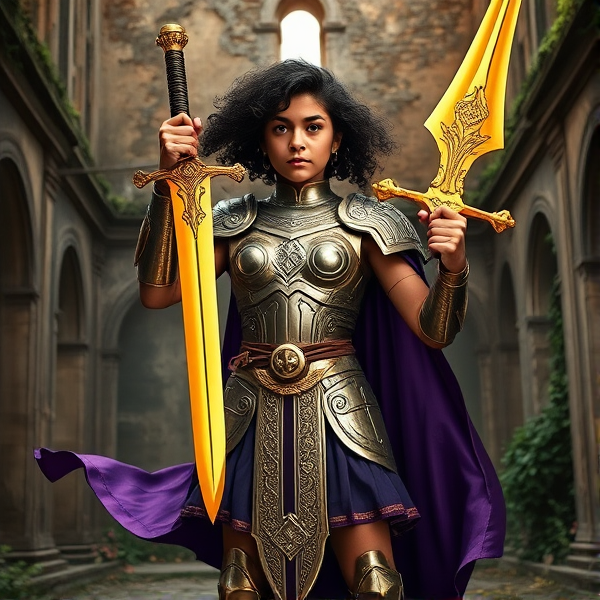 Hazel Levesque stands majestically in her gleaming Roman demigod armor, detailed with intricate filigree and embossed symbols of power. She wields an enchanted golden spatha sword that radiates an ethereal glow, complemented by a majestic purple cape that flutters behind her, signifying her high rank. The backdrop is the timeless and weathered ruins of Camp Jupiter, rich with historical textures and overgrown with early-century flora. Her dark curly hair is caught in a heroic wind, adding to her formidable presence, while her youthful eyes burn with unwavering resolve and fierce intelligence. The ambiance is one of mythic grandeur as Hazel stands ready for battle, exuding an aura of ancient heroism and divine purpose.