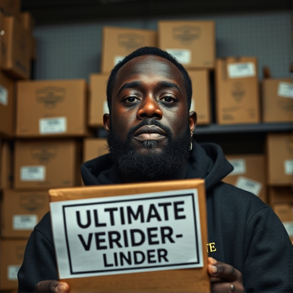 Black guy smoking with boxes in the back ground . paper that says ultimate verified vendor list
