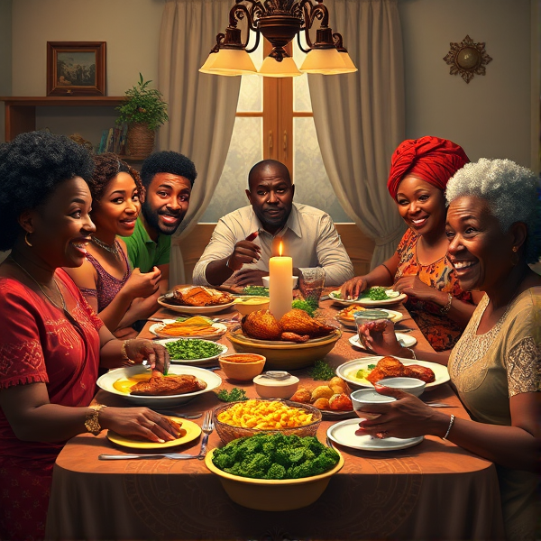 A lively African American family gathering around a richly adorned dinner table, sharing a traditional soul food meal with dishes such as fried chicken, collard greens, macaroni and cheese, cornbread, and sweet potato pie, all set in a warm and inviting dining room filled with laughter and storytelling