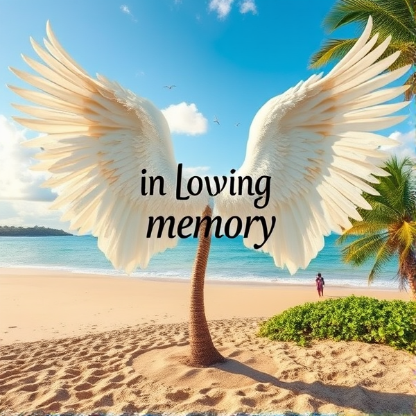 In loving memory wording with big powerful Angel wings. Palm tree and beach background