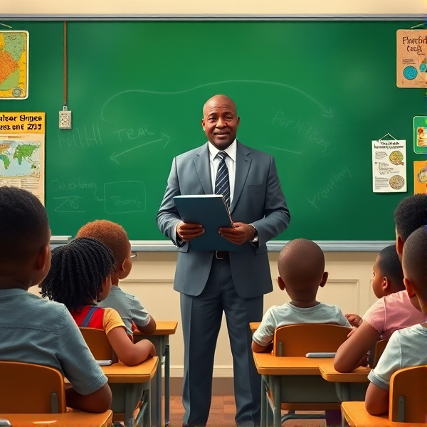 Directeur d'école afro-américain debout tenant un classeur dans ses mains portant un costume formel, dans une salle de classe avec un tableau vert, s'adressant avec bienveillance à un groupe d'élèves afro-américaines attentives de huit ans assises à leurs pupitres. Ils sont entourés de matériel pédagogique adapté à leur âge, comme des cartes géographiques, des affiches éducatives et des dessins d'enfants accrochés aux murs. La scène dégage une atmosphère chaleureuse et encourageante.