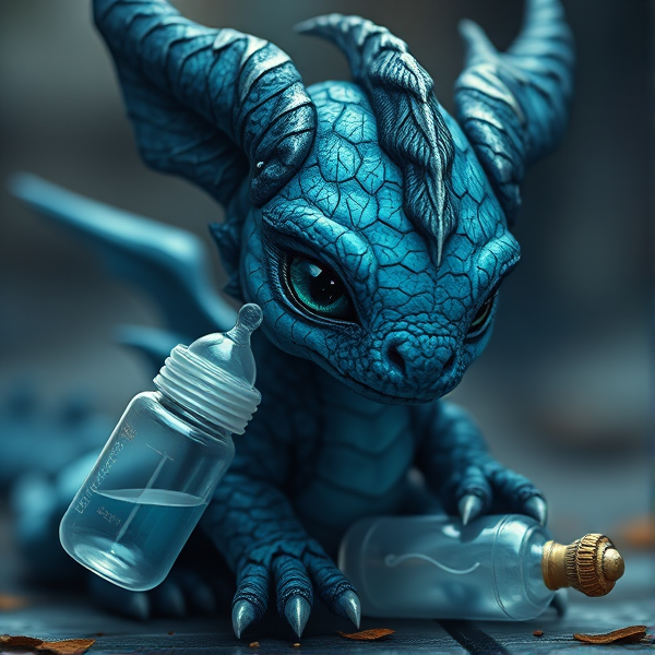 A Cyan and Black Baby dragon with a baby bottle and it has tears in its eyes because it's I a box on the street