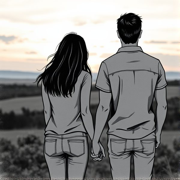 Dessin au contour flou d’un homme et d’une femme, meilleurs amis, de dos main dans la main regardant au loin en noir et blanc, silhouettes contrastées avec détails subtils sur les vêtements, expressions contemplatives suggérées par la posture et la position des têtes, ambiance paisible d'un coucher de soleil même si non coloré, fond évoquant un paysage ouvert avec des éléments naturels estompés