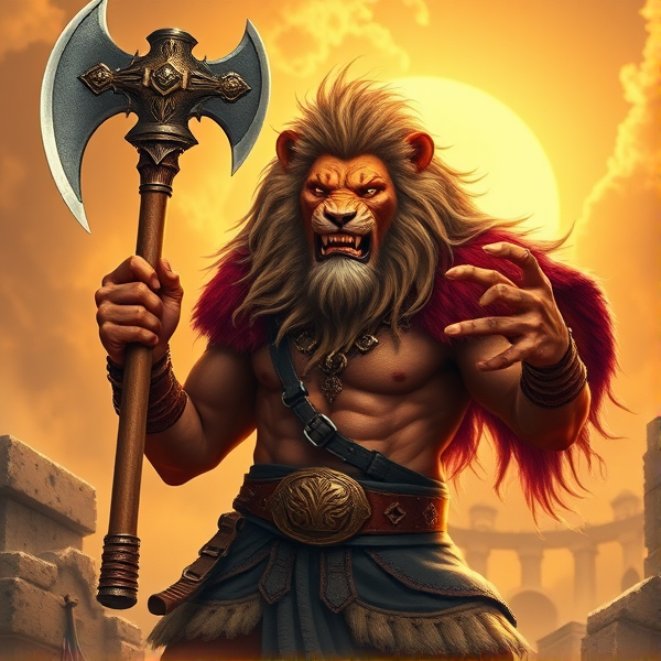 Un Lion barbare dieux du soleil une hache comme Léo escanor, avec des poils de lion et une carrure imposante et avec la ceinture de LA KNIGHT le catcheur et ces lunettes de soleil