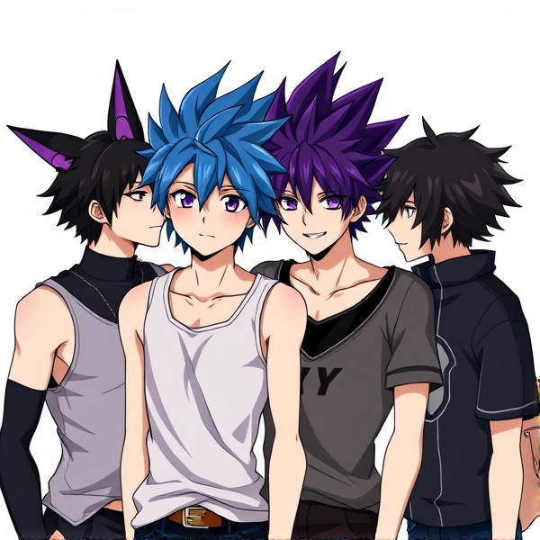 A my hero academia oc friend group consisting of 4 boys one with black hair and cat ears with purple insides wearing a tank top. A boy with blue sorta spikey hair. A boy with purple spikey hair and a boy with black hair
