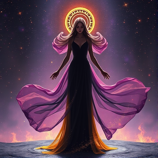 Goddess of Nothingness, the Void, incomprehensible to the human eye

Long flowy dress, gold and purple and  black