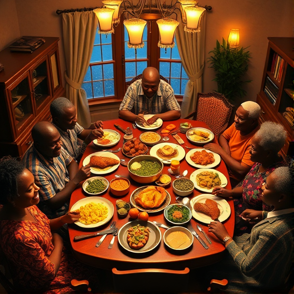 A lively African American big family gathering around a richly adorned dinner table, sharing a traditional soul food meal with dishes such as fried chicken, collard greens, macaroni and cheese, cornbread, and sweet potato pie, all set in a warm and inviting dining room filled with laughter and storytelling