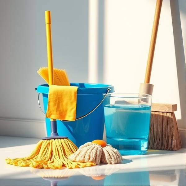 A meticulously arranged cleaning corner in a brightly lit room, featuring a shiny blue bucket filled with crystal-clear water, a neatly folded yellow mop resting beside it, a stiff-bristled scrub brush, and an upright broom with clean, natural straw bristles set against the wall. Soft shadows accentuate the textures of each object and the clean, tiled floor reflects the ambient light