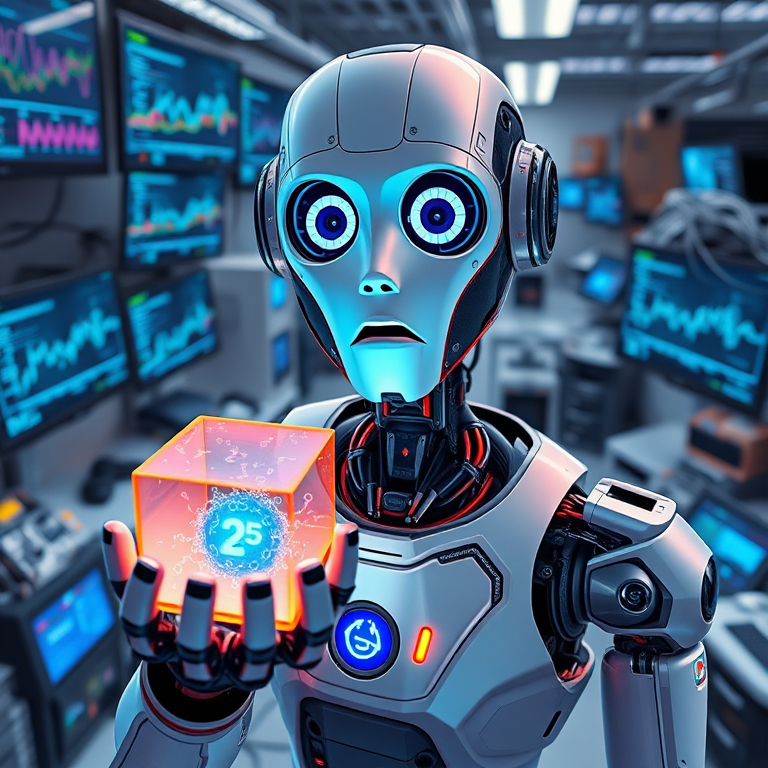 Un robot avec un visage humain affichant une expression de surprise stupéfaite, tenant dans sa main droite un cube lumineux sur lequel des équations de machine learning sont constamment en mouvement comme si elles étaient vivantes. Le robot se trouve dans un laboratoire moderne plein d'écrans montrant des graphiques complexes et des données en 3D, avec des câbles et des équipements de calcul avancés dispersés autour. Style réaliste aux couleurs vives, éclairage dynamique accentuant l'émerveillement du robot, angle de vue en plongée pour capturer la scène dans son intégralité