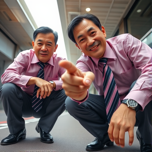 Deux hommes d affaires japonais senior accroupis qui regardent la caméra 
Chemise rose foncée et longue cravate rayée large 
Pointing 
Vue contre-plongée