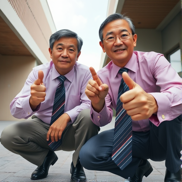 Deux hommes d affaires japonais senior accroupis qui regardent la caméra 
Chemise rose foncée et longue cravate rayée large. Businessmen snaps their fingers 

Vue contre-plongée