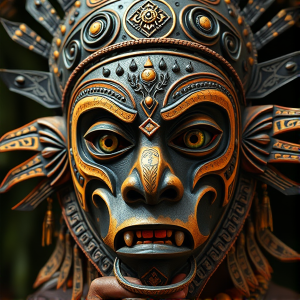 Detailed traditional Ngil mask from the Fang tribe of Gabon, featuring intricate tribal patterns and symbols, high contrast with sharp details and strong facial features, possibly held or worn by a figure in ceremonial attire
