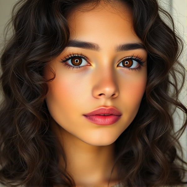 A 18year old girl with long naturally curly dark brown hair, short eyelashes, high-ish cheek bones, brown eyes, medium thick eyebrows, medium thick lips, slight tan skin, slight natural blush light under eyes thinner eyebrows. In realism