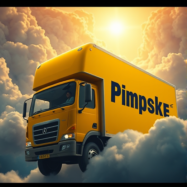 In heaven, all yellow moving truck that says the word "PIMPSKE" ON THE SIDE of trailer, black driver waving out window, truck is driving into heaven
