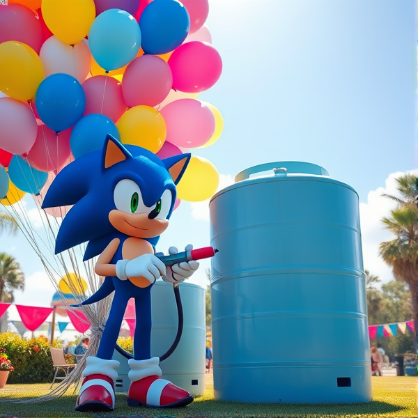 At the sunny day park Sonic the Hedgehog standing upright next to a large helium gas cylinder tank, holding a nozzle attached to a vibrant cluster of assorted 16 inch balloons 450 each