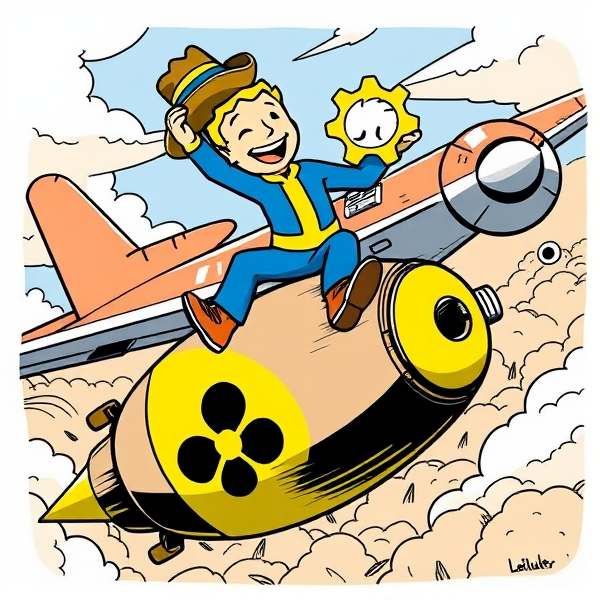 Le personnage vaut boy de Fallout assis a califourchon sur une bombe nucléaire qui tombe d'un avion, le personnage tient un chapeau de cowboy boy et rit au eclats
