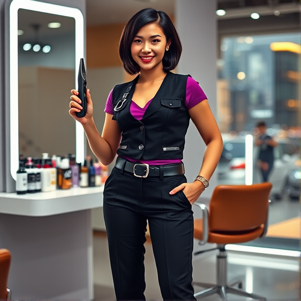 Attractive female hair stylist with a sleek, modern bob cut, wearing a chic, fitted black salon vest with stylish pockets and a vibrant purple V-neck tee underneath. She's sporting slim, black trousers with trendy leather belt and minimalist silver buckle. On her feet are polished, black slip-resistant loafers that gleam under the salon lights. Her makeup is subtle yet impeccable—highlighting her confident smile—and she has a small, fashionable stud earring in one ear. She stands with one hand on her hip, the other confidently holding up professional-grade hair clippers that have a glossy finish and ergonomic design. The environment around her exudes elegance and cleanliness; an assortment of premium hair care products are neatly arranged on a sleek white workstation behind her which features a large mirror framed by soft, flattering LED lighting. There's also an adjustable leather styling chair in the background that is unoccupied, suggesting she's ready for the next client in this high-end salon setting
