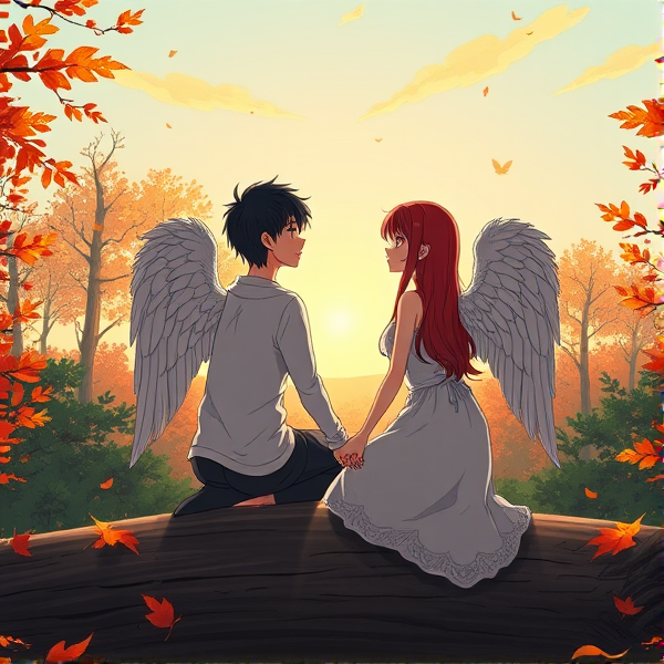 Black haired Caucasian male angel and red haired Caucasian female angel sit on a log together holding hands in an Autumn forest watching the sunrise in the style of anime