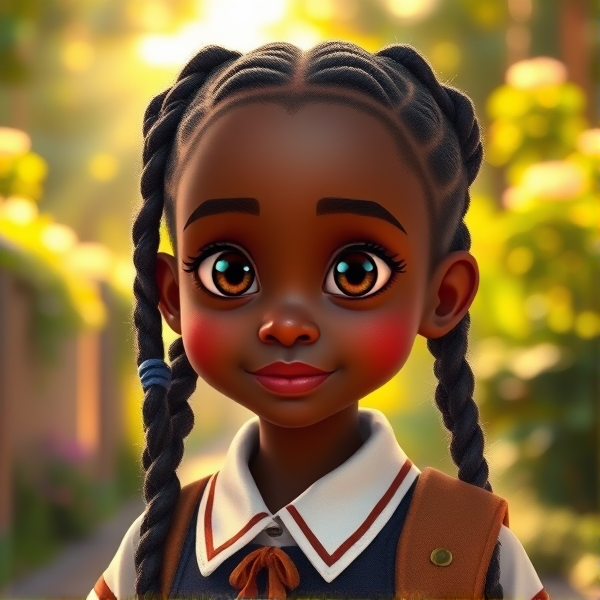 Jeune fille africaine de huit ans avec des tresses traditionnelles, vêtue d'un uniforme scolaire rentrant à la maison