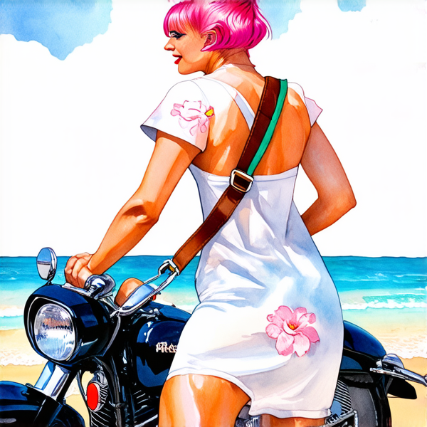 Aquarelle : Femme avec des cheveux rose fuchsia sur une harley noir roule sur le plage. elle porte une robe blanche à grosse fleur rose layette et un sac banane à main en cuir marron lanière rose et bleu et vert porté en bandoulière