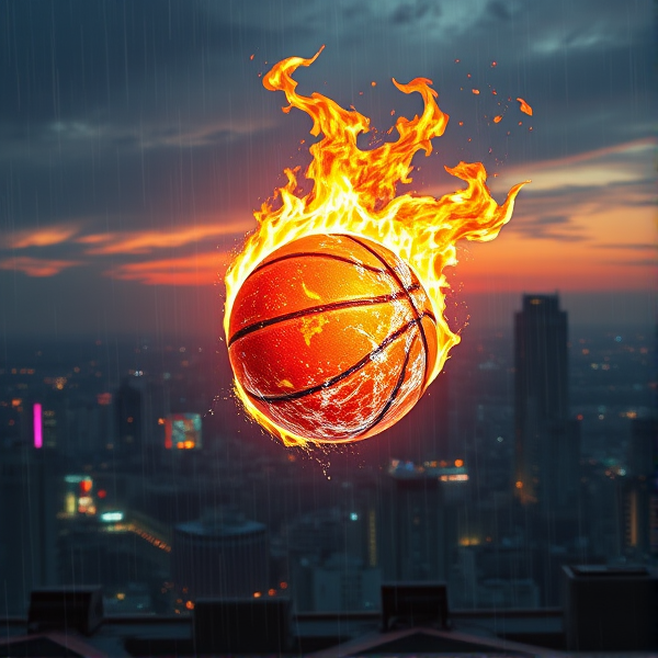Ean Hartwell Logo with Fire and Water on it, with basketball in the air on fire, hyper realistic,