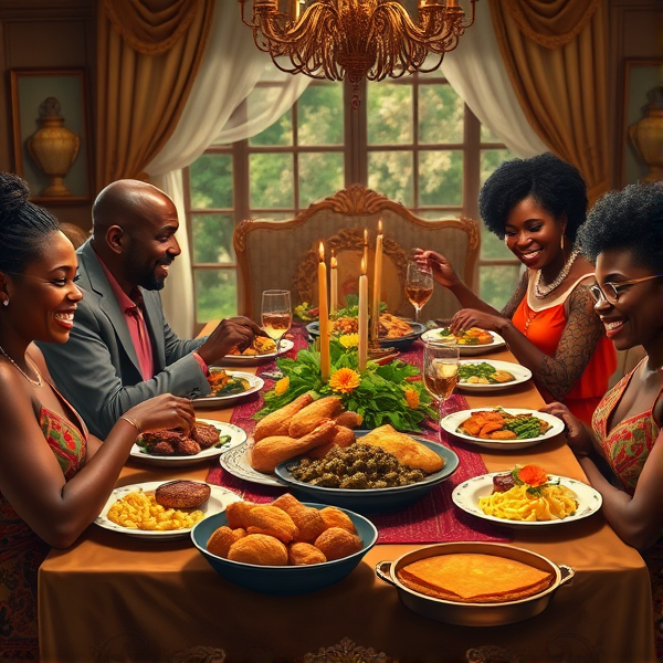 A lively African American family gathering around a richly adorned dinner table, sharing a traditional soul food meal with dishes such as fried chicken, collard greens, macaroni and cheese, cornbread, and sweet potato pie, all set in a warm and inviting dining room filled with laughter and storytelling