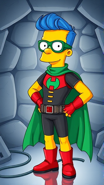 Milhouse Van Houten from The Simpsons, with his yellow skin, really big round nose, and blue hair that's slicked back and curled up at the top, but as a tall, 18-year old teenager, dressed as a parody of Robin, The Boy Wonder, with an extremely muscular torso and arms, a dark green bodysuit with a red torso adorned with a green H symbol on his chest, a grey utility belt, red boots, red long-cuffed gloves, a big, heel-length long, ultra-wide green cape, and a green eye mask with optical lenses in it, now known as Houseboy, The Nerd Wonder, the other half of Springfield's Dynamic Duo, and one of the greatest vigilante superheroes ever known in Springfield. He is currently standing in his secret high-tech underground lair, ready for action.