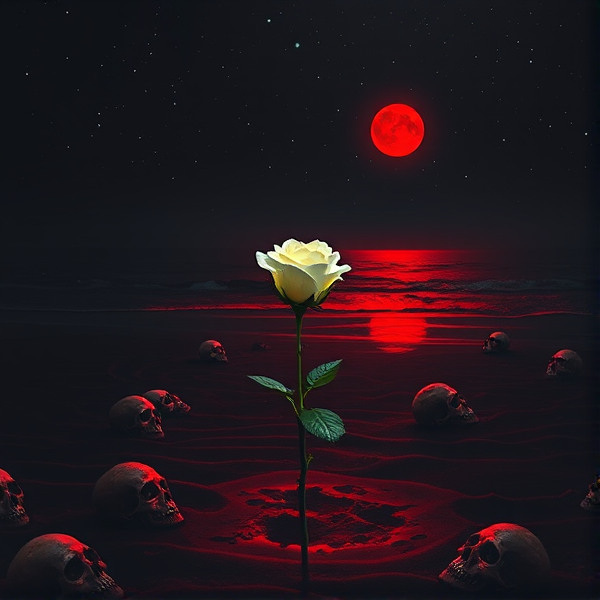 Fait une image sombre . Une plage mais le sable est noir et la mer c'est du sang , du sang rouge . Il y'a un ciel noir étoilé avec une lune rouge qui reflète sur la mer rouge . Il y'a des tête de mort partout sur la plage mais une rose blanche fluorescente et planté au milieux de l'image,  elle est loin
