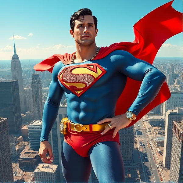 Superman arborant une cape rouge éclatante qui flotte majestueusement au vent, revêtant un costume bleu électrique ultra-résistant, orné de l'emblème 'S' incrusté de cristaux brillants sur sa poitrine musculeuse, ceint de chaînes en or massif aux maillons épais scintillant sous les rayons du soleil, des bagues luxueuses serties de diamants étincelants sur chaque doigt, une montre-bracelet en platine sertie d'une multitude de pierres précieuses qui reflète le statut et la prestance du héros. Posant avec assurance sur un toit élevé d'un gratte-ciel dans une métropole moderne et dynamique, avec les bâtiments futuristes et les avenues animées en toile de fond. Son regard est tourné vers l'horizon lointain, scrutant la ville qu'il s'est juré de protéger, prêt à s'envoler à tout moment pour accomplir son devoir héroïque.