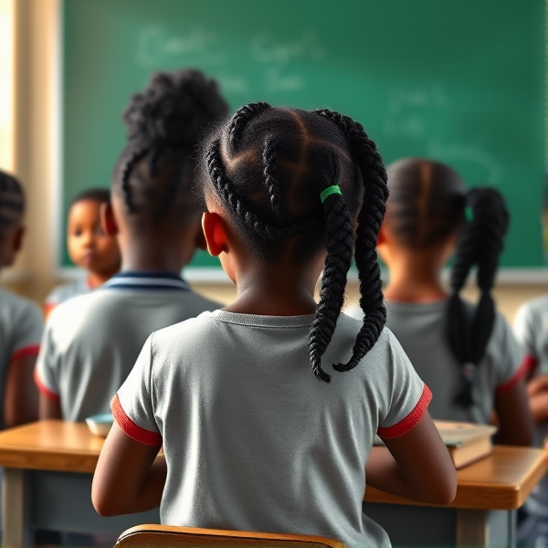 des filles noires de huit ans avec des tresses africaine et des garçons assis dans une classe face au tableau vert