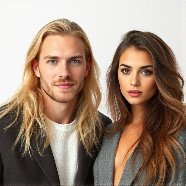 Long blonde haired Swedish man and Italian brunette woman models no makeup